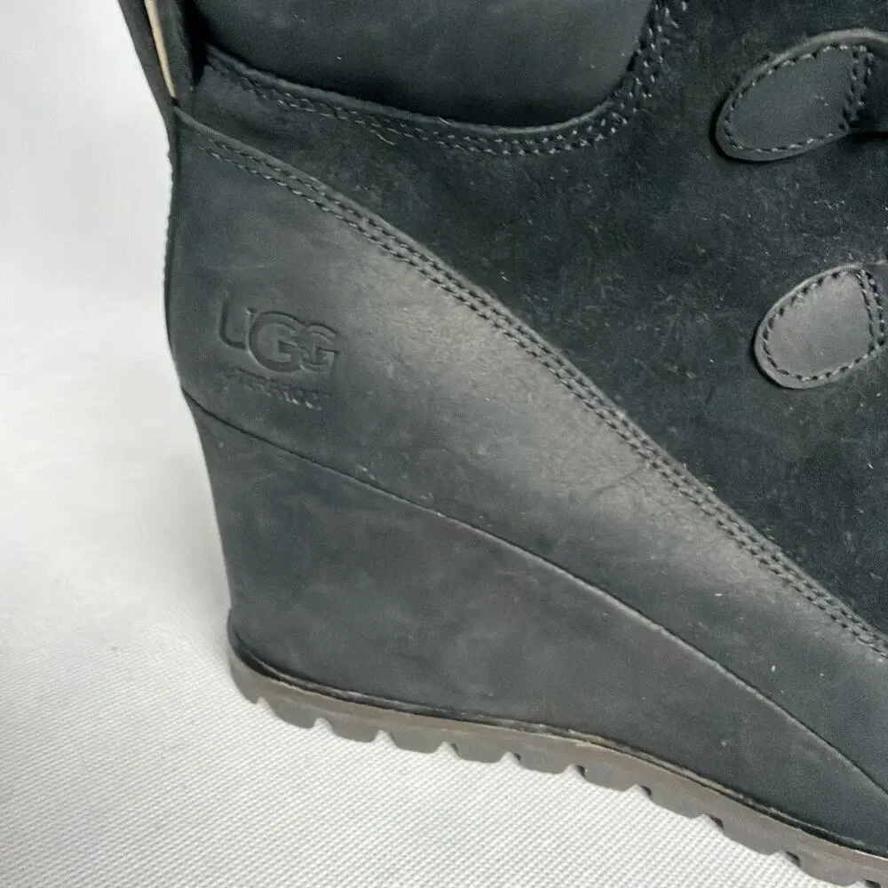 UGG Valory Black Suede & Leather Waterproof Wedge Lace up Ankle Booties Size 10